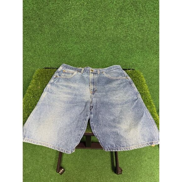 90s Denim Jean Shorts Sz 34 Blue Unisex Distressed - Picture 1 of 8